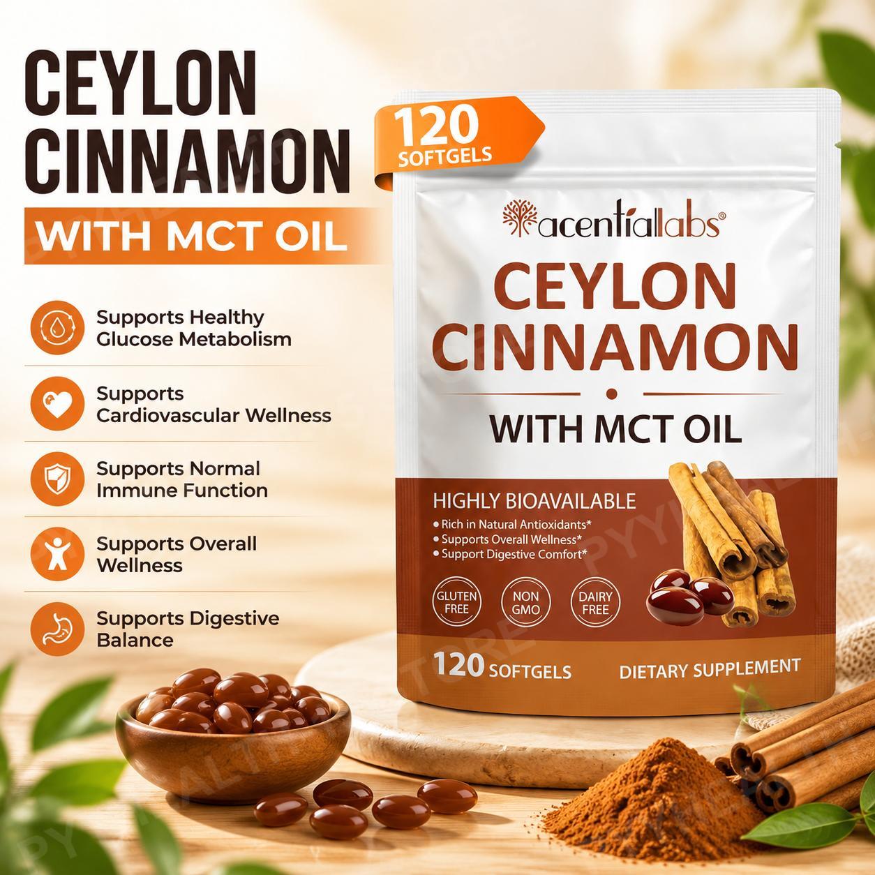 Mct Oil Coconut - ซีลอนซินนามอนผสมน้ำมันมะพร้าว MCT แบบซอฟต์เจล เพื่อการเผาผลาญกลูโคสที่ดี สุขภาพทางเดินอาหารที่สมดุล และความเป็นอยู่ที่ดีในชีวิตประจำวัน,